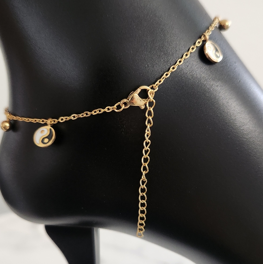 Gold Plated Yin Yang Anklet Adjustable Dainty Bracelet Minimalist Charm Jewelry - Picture 8 of 12